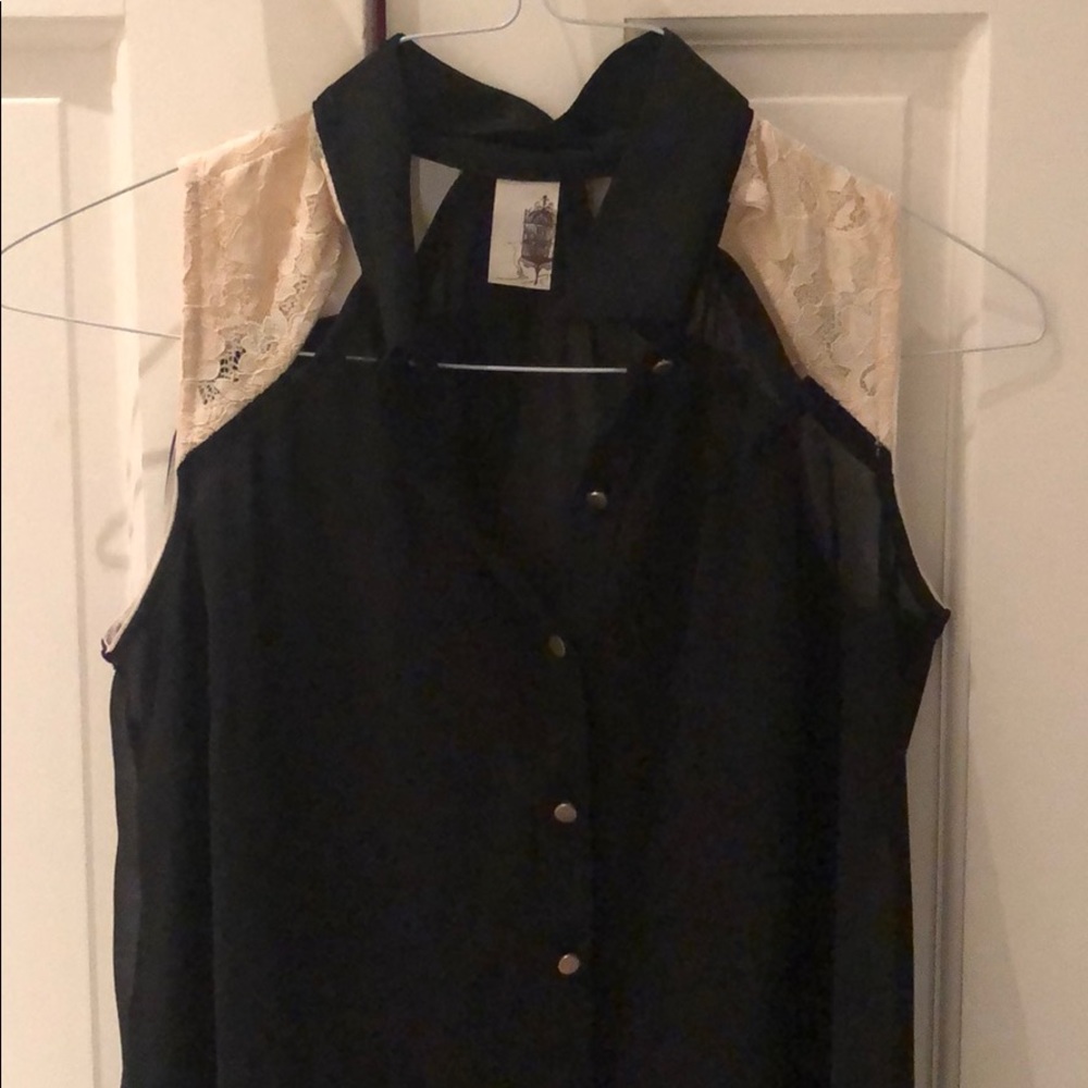 Black sheer blouse with tan lace detail